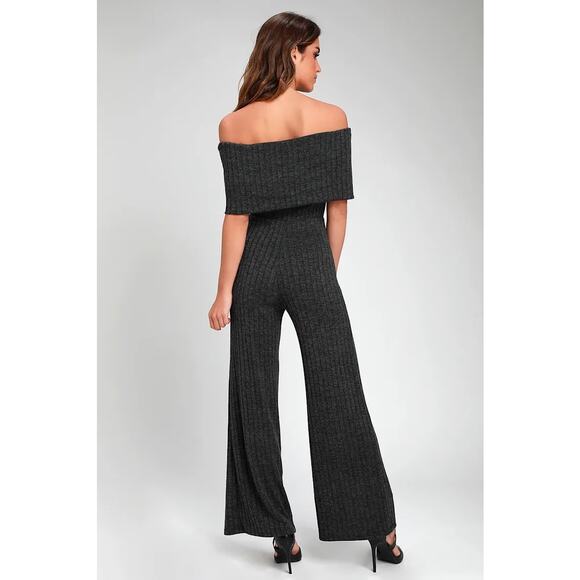 Lulus Always Styling Charcoal Grey Off-the-Shoulder Ribbed Jumpsuit Size Small - Picture 14 of 14